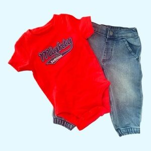Garanimals Boy Jeans-Size 12M and Carter’s Red Shirt Sleeve Onsie-Size12M